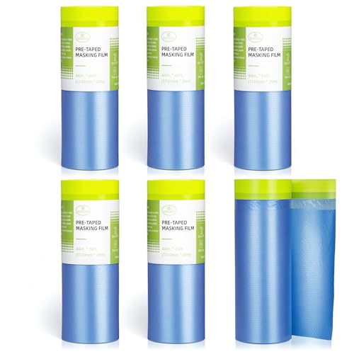 Tangibay Pre-Taped Masking Film for Painting - 44" x 66' Painters Plastic Sheeting with Automotive Paint Tape and Drape for Covering Cars, Walls, Windows and Furniture Protection (6 Rolls) - size: 6 Rolls: 44"