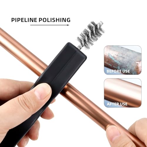1 Pcs Black Stainless Steel 4 in 1 Copper Tubing Brush Copper Pipe Cleaner Car Battery Cleaning Brush 1/2 in and 3/4 in Cleaning Inside and Outside Thread for Soldering, Plumbing Installation