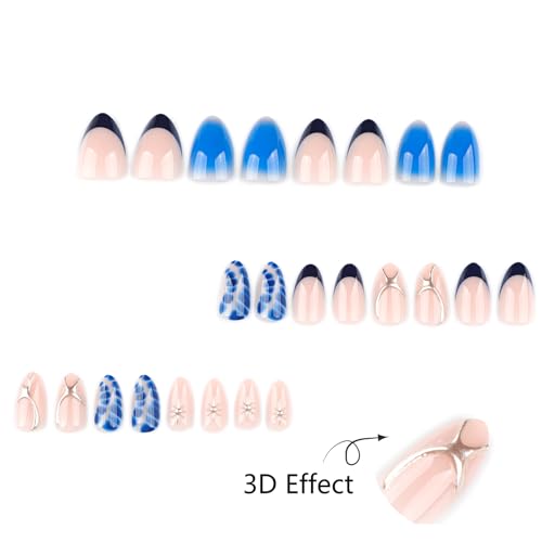 Blue Press On Nails Almond Shape 24pcs, Gradient Ombre False Nail with Star Design, 3D Pattern Medium Length Fake Nails, Glossy Stick On Nail Reusable Acrylic Glue On Nails Kit for Women - color: 34-Dark blue silver lines