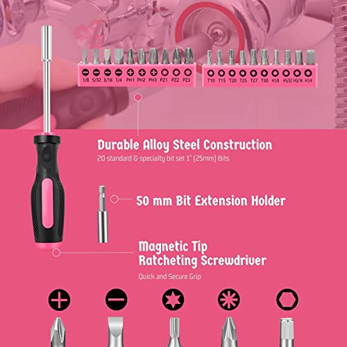 Flexzion 39 Piece Hand Tool Kits with Case - Compact Tool Kit for Handyman, Homeowners DIY - Household Tool Kit for Home with Portable Basic Tool Set Case, Pink - color: Pink & Black