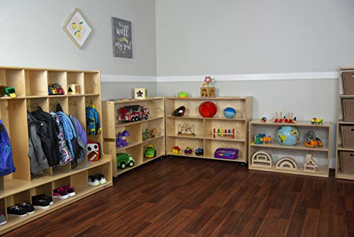 Contender Fully Assembled Folding Mobile Storage Organizer for Daycare Classroom Preschool, Wood Furniture on Rolling Casters with 4 Shelves for Toys, Puzzles, Books (Made in USA) - style: Fully Assembled