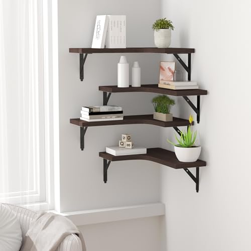 ROMGUAR CRAFT Corner Floating Shelves Wall Mounted Set of 4, Brown - color: Brown