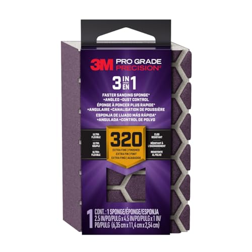 3M DCDA320-PGP-1T Pro Grade Precision 3-in-1 Angled Faster Sanding Sponge, 320-Grit Extra-Fine, 2.5" x 4.5" x 1" - size: 2.5 in x 4.5 in x 1 in - 1 Sponge, style: 320 Grit X-Fine