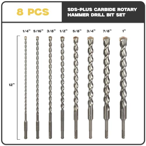 8-Piece 12in SDS Plus Drill Bits for Brick, Stone, Concrete, 1/4in x 12in, 5/16in x 12in, 3/8in x 12in, 1/2in x 12in, 5/8in x 12in, 3/4in x 12in, 7/8in x 12in, 1in x 12in (12" 8-Piece Set) - size: 8-Piece Set