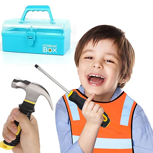Kids Real 20Pcs Construction Tool Set with Blue Toolbox and Protective Clothing, Beginner Woodworking Tool Set, Educational Gift - size: 20 PCS