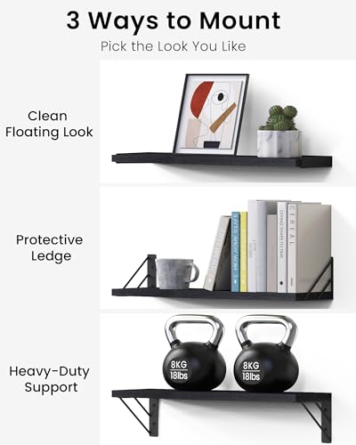 BAYKA Wall Mounted Floating Bathroom Shelves, Wood(Black, Set of 4, 16in) - color: A. Black Board & Black Brackets, size: 16-inch Mixed