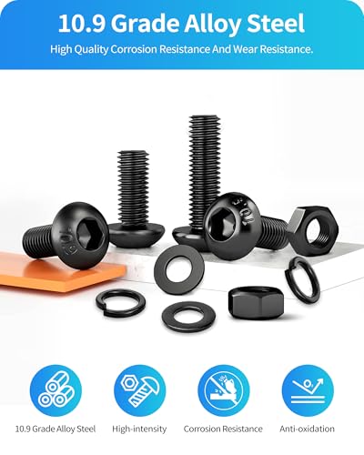 1800PCS Metric Screw Assortment, Metric Bolt Assortment Kit M2 M3 M4 M5 Machine Screws with Lock & Flat Washers, Grade 10.9 Alloy Steel Hex Socket Button Head Black Screws Nuts and Bolts Kit (Black) - size: M2M3M4M5 1800PCS (Black)