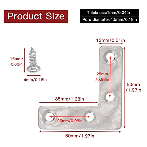 20-Pack Stainless Steel L-Shape Corner Brace 2x2 Inch for Wood - size: Silver 50x50 mm