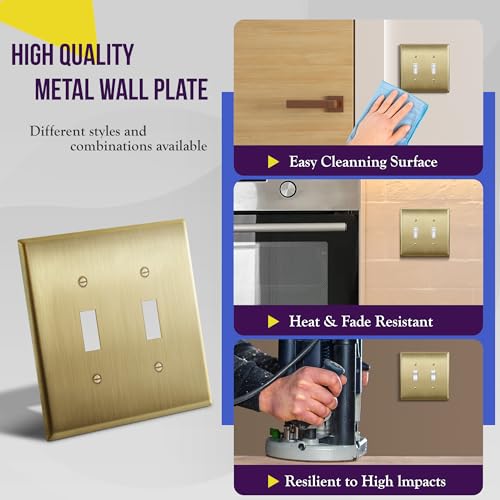 ENERLITES Toggle Light Switch Metal Wall Plate, 2-Gang, Brushed Brass - color: Gold, size: Standard Size