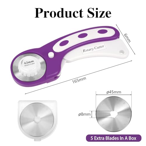 45mm Rotary Cutter for Fabric with 5 Extra Blades, Roller, with Safety Lock - color: Purple