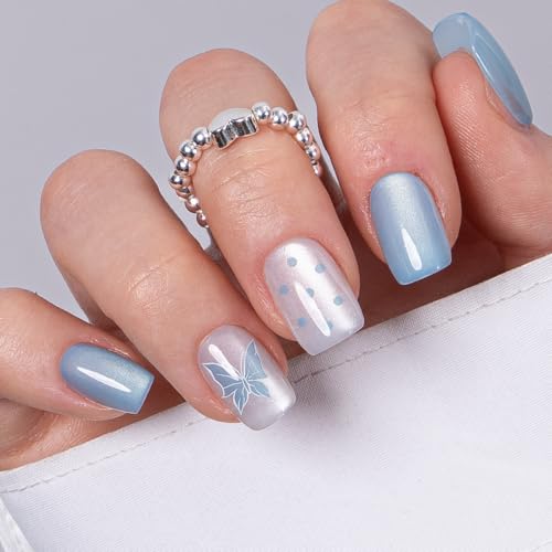 CurvLife Short Square Butterfly Design Press On Nails, Blue Flutter Blue - color: Blue Flutter