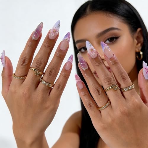 Flower Purple Pink Press on Nails Almond Medium 3D Embossed Flower Fake Nails with Flower Design Floral False Nail Acrylic Spring Summer Stick on Nail for Women 24Pcs - color: purple pink flower