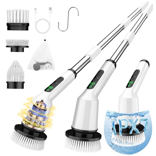 Electric Spin Scrubber for Bathroom, Shower Scrubber with Long Handle - color: White, size: 3 Brush Heads