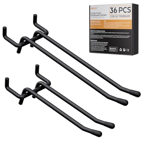 INCLY 36 Pack 4/6 Inch Double Arm Black Pegboard Hooks, 1/4" Heavy Duty - color: Black