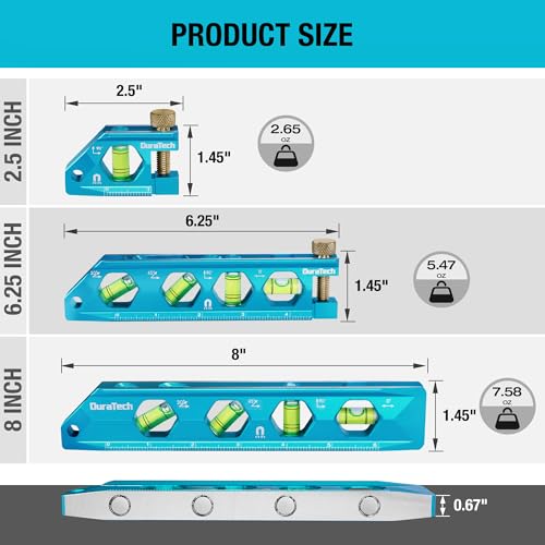 DURATECH 3-Piece Level Tool Set, Magnetic Torpedo Level with V-Groove - size: 3PCS(2.5", 6.25", 8")
