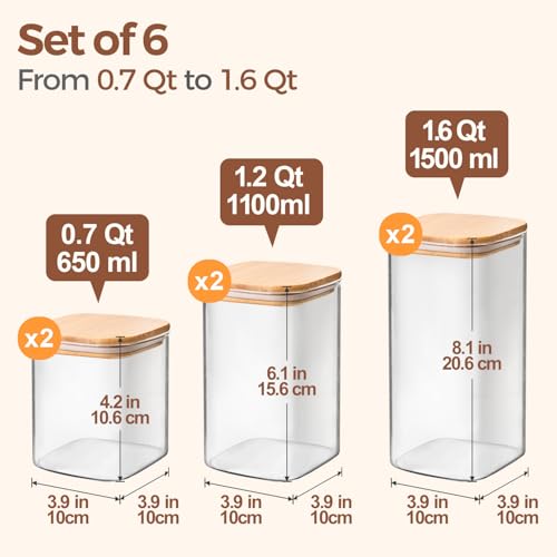 ComSaf Glass Pantry Storage Containers (0.7Qt/1.2Qt/1.6Qt) Set of 6, Square | Glass Storage Containers with Lids, Kitchen Canisters, Pantry Jar, Bamboo Lid with Silicone Seal, Flour Cereal Tea, BPA Free - size: 0.7Qt*2/1.2Qt*2/1.6Qt*2