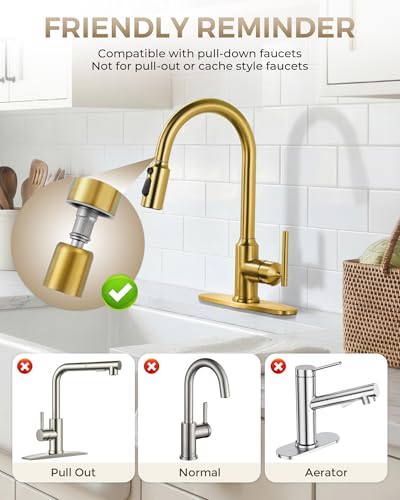 Pull Down Faucet Sprayer Head Replacement, Gold 3 Function Pull Out Spray Head Nozzle with 9 Adapters for Kitchen Sink Faucet, American Standard for Moen Kohler Delta G1/2 Male Connector - color: Gold