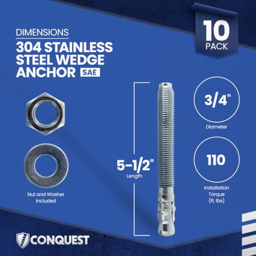 Conquest 304 Stainless Steel Wedge Anchors for Concrete 3/4” x 5-1/2” - size: 3/4" x 5-1/2"
