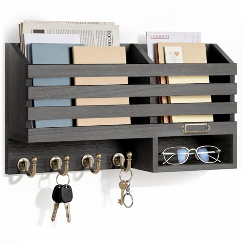 FifthQuarter Mail Holder Wall Mount with 2 Mail Slot and 4 Sturdy Hooks - color: C-Black