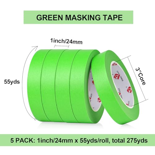 BOMEI PACK Green Painters Tape 1 Inch Bulk - Paint Tape 5 Rolls x 1 Inch x 55 Yards - Green Masking Tape for Walls Painting, DIY Crafting, and School Projects, Total 275 Yards - color: Green