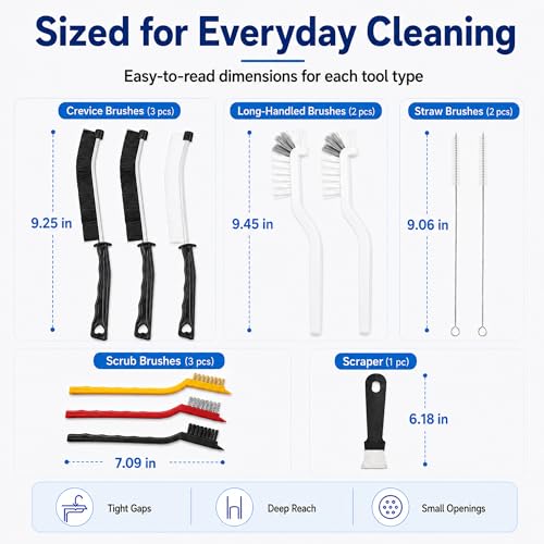 11Pcs Crevice Cleaning Brush Set, Hard Bristle Crevice Cleaning Brush Tool Kit, Thin Brush for Cleaning Tight Spaces, Gaps, Grout, Sink, Bathroom, Kitchen, Window Tracks, Bottles, Straws, with Scraper