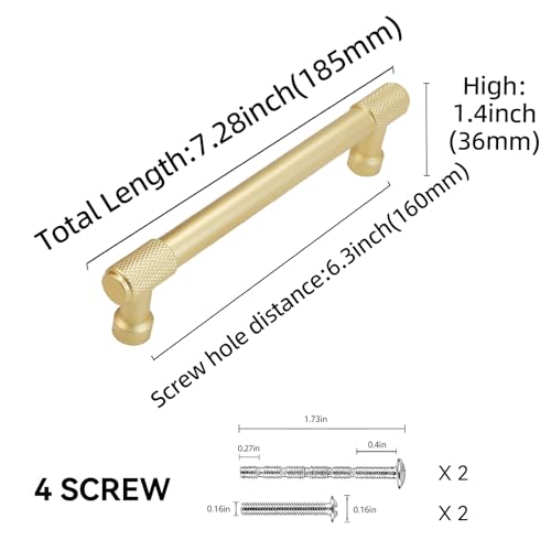 10 Pack 6-1/4 inch(160mm) Brushed Brass Kitchen Cabinet Handles Knurled Cabinet Pulls Gold Drawer Pulls Cabinet Hardware Kitchen Handles Drawer Pulls Dresser Handles - color: Brushed Brass, size: 6-1/4" Hole Center
