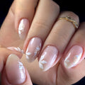 Fall Short Press On Nails Almond, Nude Fake Nails accented with golden glitter and Graceful White Floral Petal Design, Glossy Gel Finish Acrylic Nails, Natural Reusable Glue On Nails for Women - color: 34-Nature Poise