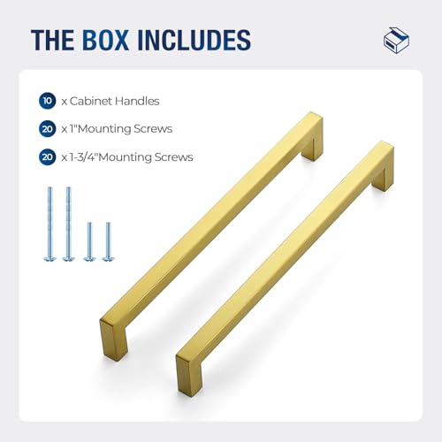 JOY DECOR Gold Cabinet Handles Square Cabinet Pulls, 8-3/4 Inch CC, 10 Pack - size: 8-3/4 Inch Hole Center