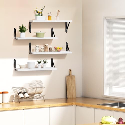 ROMGUAR CRAFT Wood Wall Floating Shelves Set of 4, 17" x 6" - Black - color: White, size: 17" x 6"