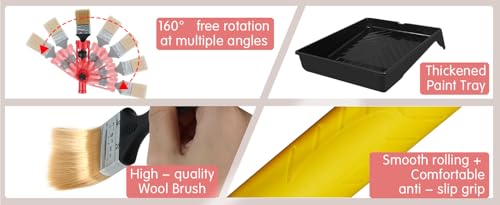 Paint Roller Set 11Pack, 1.9m Paint Roller Extension Pole 4 with Paint Brush, Professional Paint Rollers and Trays Sets with Scraper and Stirrer for Painting Walls (11 Pack) - color: 11 Pack