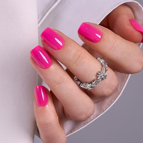 CurvLife Press on Nails Short Square Acrylic Fake Nails with Apricot Design Full Cover False Nails Glossy Nude Glue on Nails Artificial Stick on Nails for Women (Bright-Pink) - color: Bright-Pink