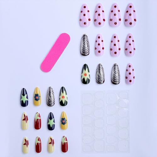 Short Almond Press On Nails Colorful with Y2K Star Swirl Polka Dot Flowers - color: Style27