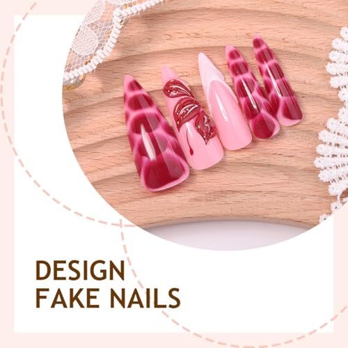 3D Pink Press on Nails Almond - Medium French Tip Fake Nails with Embossed Flower&Red Charm Designs, Glossy Finish Reusable False Nails 24Pcs Nail Kit for Women Manicure(3D Embossed design 1) - color: 3D Embossed design 1