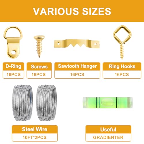 KURUI 303Pcs Picture Hanging Kit, Picture Hangers Assorted Kit with Heavy Duty Picture Hanging Hooks/Hardware Nails/Sawtooth/Wire/D Rings/Level, Metal Picture Wall Hooks for Frame Canvas Mounting - size: Gold