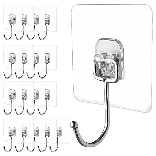 Large Adhesive Hooks, 18 Pack Hold 44lb(Max) Heavy-Duty Sticky Hooks,Waterproof & Rustproof Wall Hook for Hanging Can be Use Kitchen Bathroom Outdoor Ceiling Office, Transparent