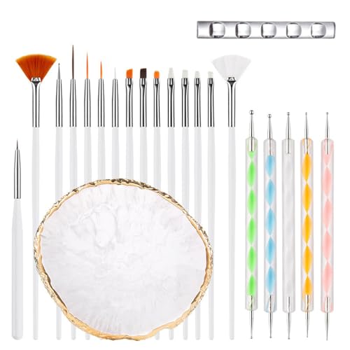 Nail Art Brush 22 Piece Set, 2 Way Acrylic Silicone Engraving Pen Dotting Pen Tools Nail Art Kit, Resin Nail Art Palette, For Nail Art DIY Home Salon Makeup Display Board (White) - color: White