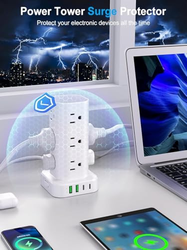 Power Strip Tower with Wireless Charger,Surge Protector with 12 Outlets - color: White, size: 15FT with Wireless Charging