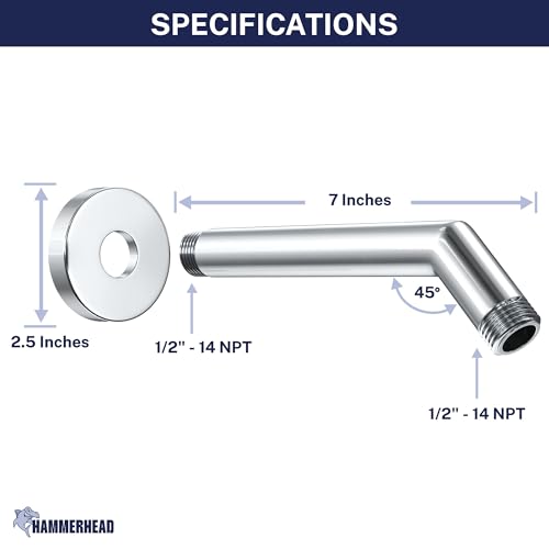 HammerHead® Solid Metal Shower Arm and Flange - 7.5 Inch 304 Stainless Steel Extension Pipe - Universal Shower Head Arm with Flange and Locking Screw, Chrome - color: Chrome