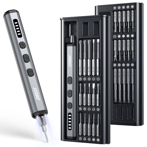 JOREST Mini Electric Screwdriver, Small Cordless Precision Screwdriver set with 38 Magnetic Bits, 5 Torque Settings, Repair Tool for iPhone, Laptop, Drone, Game Console, Camera; Gift for Father