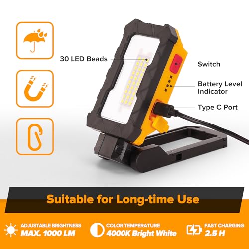 LUTEC Rechargeable Work Light, 1000 Lumens LED Magnetic Light with Magnetic Base and Hanging Hook，360°Rotate and 200°Swivel for Car Repair, Emergency and Camping-2 Pack (Orange)