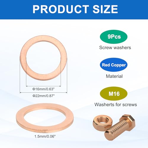 MECCANIXITY 9Pcs Flat Washer, M16 Copper Washers Copper Sealing Ring Crush Washer Kit Assortment, 16mm ID, 22mm OD, 1.5mm Thick for Bolts Screws Machinery Repair - size: 16mmx22mmx1.5mm