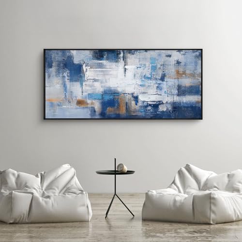 KLAKLA Living Room Wall Art - Navy Blue Abstract Large Paintings Artwork Picture Framed Canvas Bedroom Office Home Decoration Huge Art Work for Wall Decor - 70x31 Inches - color: Blue-White-Gray + Black frame, size: 70"L x 31"W