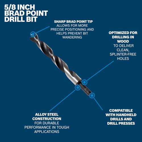 BOSCH BP14609 5/8 in. Brad Point Bit - Precise Starts, Clean Holes, Accurate Wood Drilling, Handheld Drill/Drill Press Compatible - size: 5/8" DIAMETER