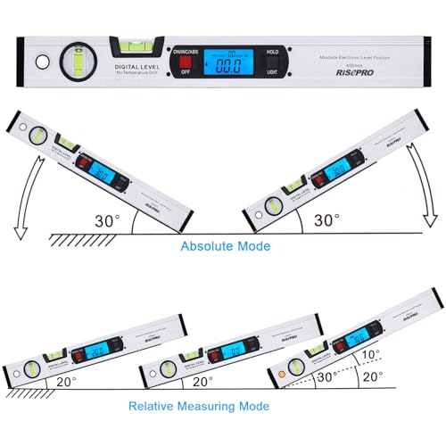 16-inch Digital Spirit Level and Protractor, Torpedo Level, Inclinometer Angle Gauge Finder Bubbles Magnetic Base with Backlight - color: Silver