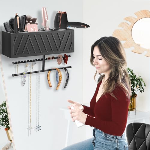 Rustic Hair Dryer Holder Wall Mounted with Towel Rack - color: Black.A