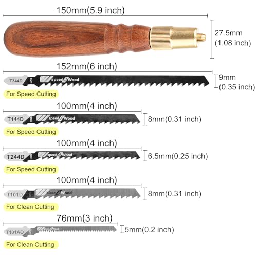 TOOLCOOL Wooden Handle Mini Hand Saw Small Jig Saw With 5 Pcs Fine Coarse Teeth Jigsaw Blades Woodworking Tools for Wood Cutting and Tree Branch Trimming (Round Handle)