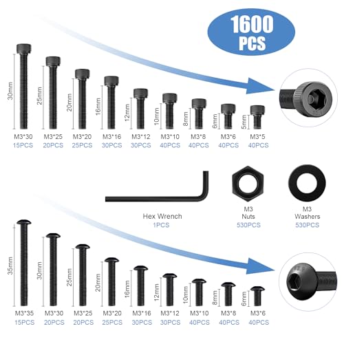 1600PCS M3 Screw Kit, M3 Screws Button Socket Head Screws with M3 Bolts - size: 1600PCS