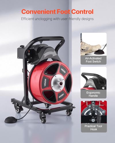 VEVOR Drain Cleaner Machine 50 FT x 1/2 Inch Manual Feed Sewer Snake Auger - style: 50 FT x 1/2'' with Wheels