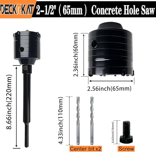 DECKRKAT 2-1/2" Concrete Hole Saw Kit,Electroplated Black Quenching Tech,Heavy-Duty Thickened Alloy Teeth,SDS Plus Shank & 2 Center Bits for Concrete,Brick,Stone. - size: (65mm)2-1/2"