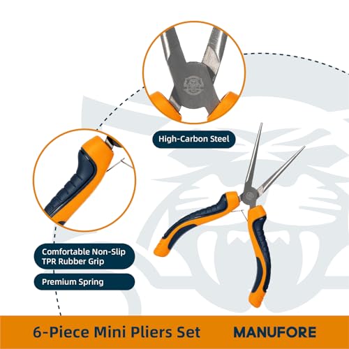 MANUFORE 6-Piece Mini Pliers Set — Needle Nose, Long Nose, Diagonal, Flat Nose, End Cutting & Linesman Pliers for Precision DIY, Electronics Repair, Jewelry Making & Crafting